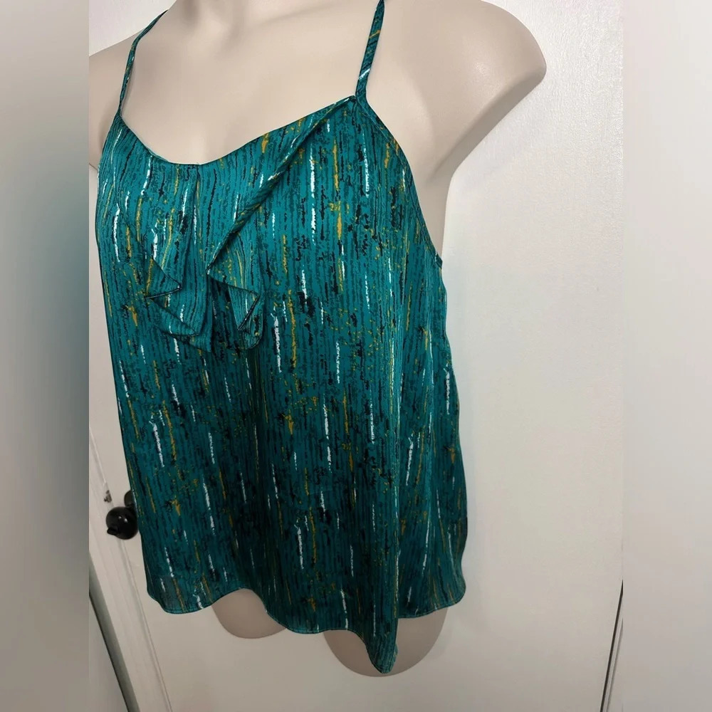 Apostrophe Green Ruffled Tank Top Large Petite Spaghetti Strap Lightweight 1221 - Picture 3 of 8
